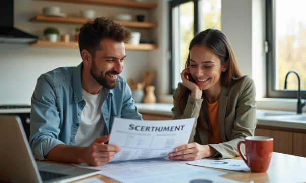 Jeune couple professionnel revoyant un plan de remboursement de prêt à la maison