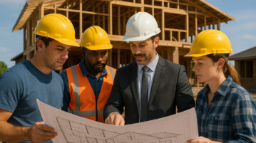 Photo hyperrealiste d'une equipe de construction et architecte discutant plans