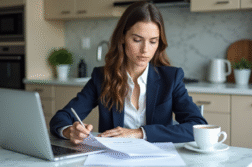 Jeune femme professionnelle examine documents de pret