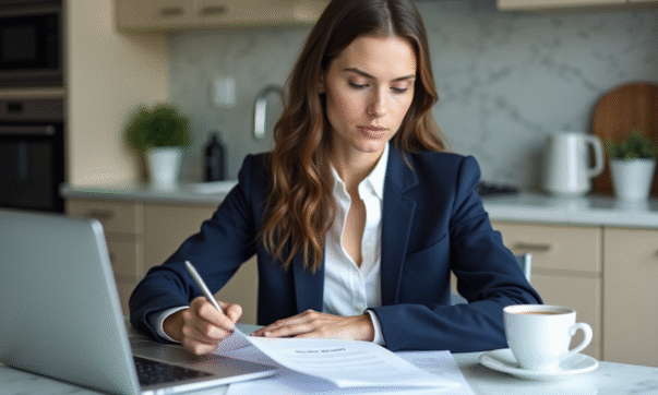 Jeune femme professionnelle examine documents de pret