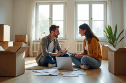 Jeune couple calculant leurs dépenses dans leur nouvel appartement