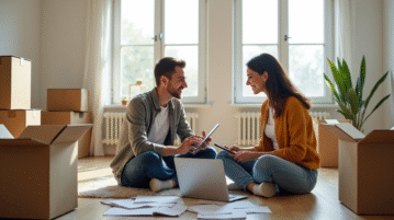 Jeune couple calculant leurs dépenses dans leur nouvel appartement