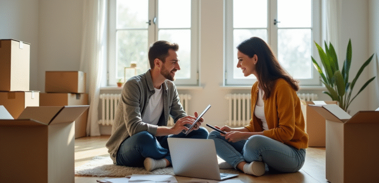 Jeune couple calculant leurs dépenses dans leur nouvel appartement