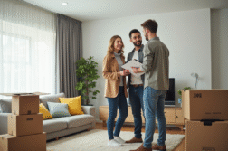 Jeune couple discutant avec un professionnel du déménagement dans un salon lumineux