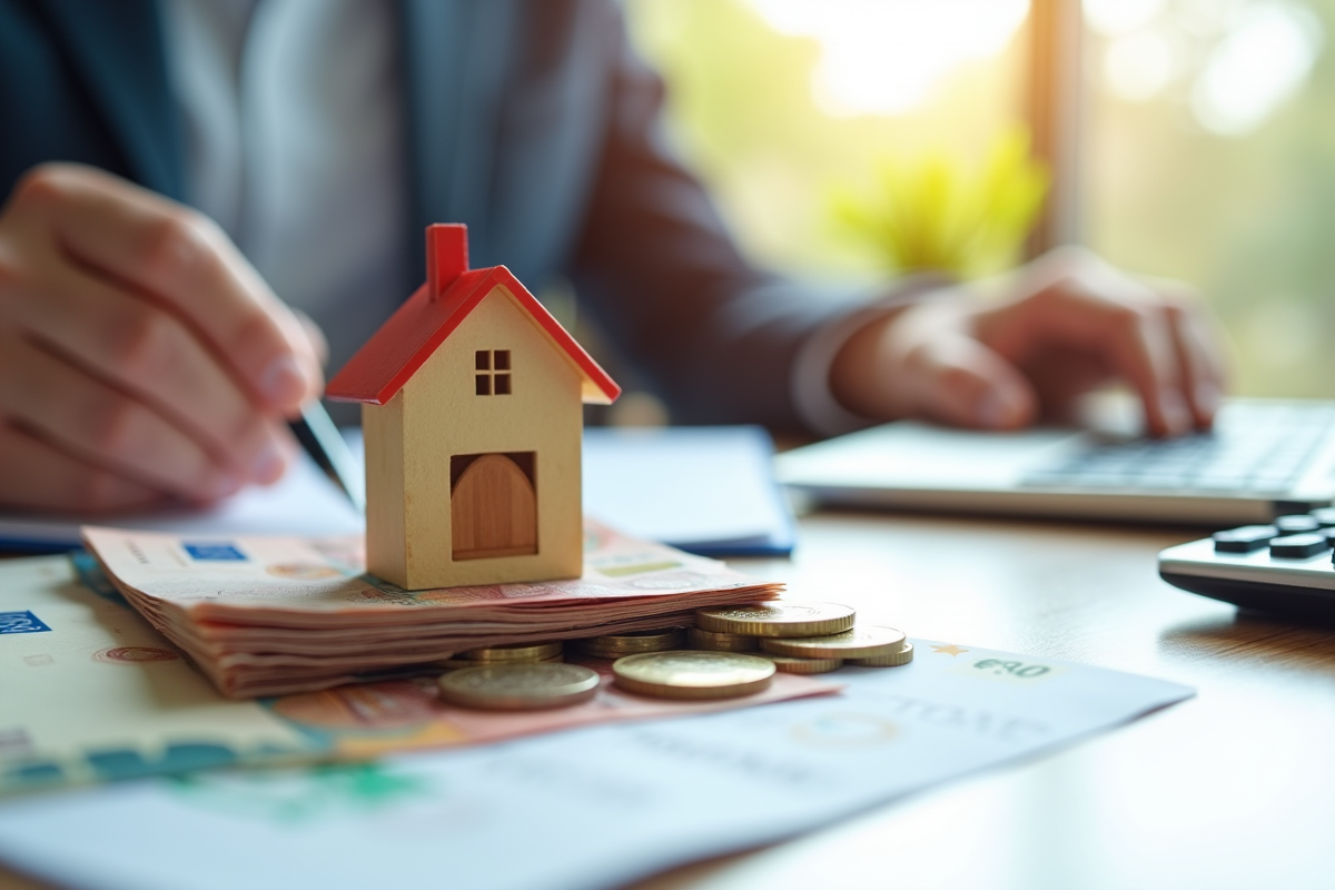 Main tenant une maison miniature sur des billets et pièces d euro