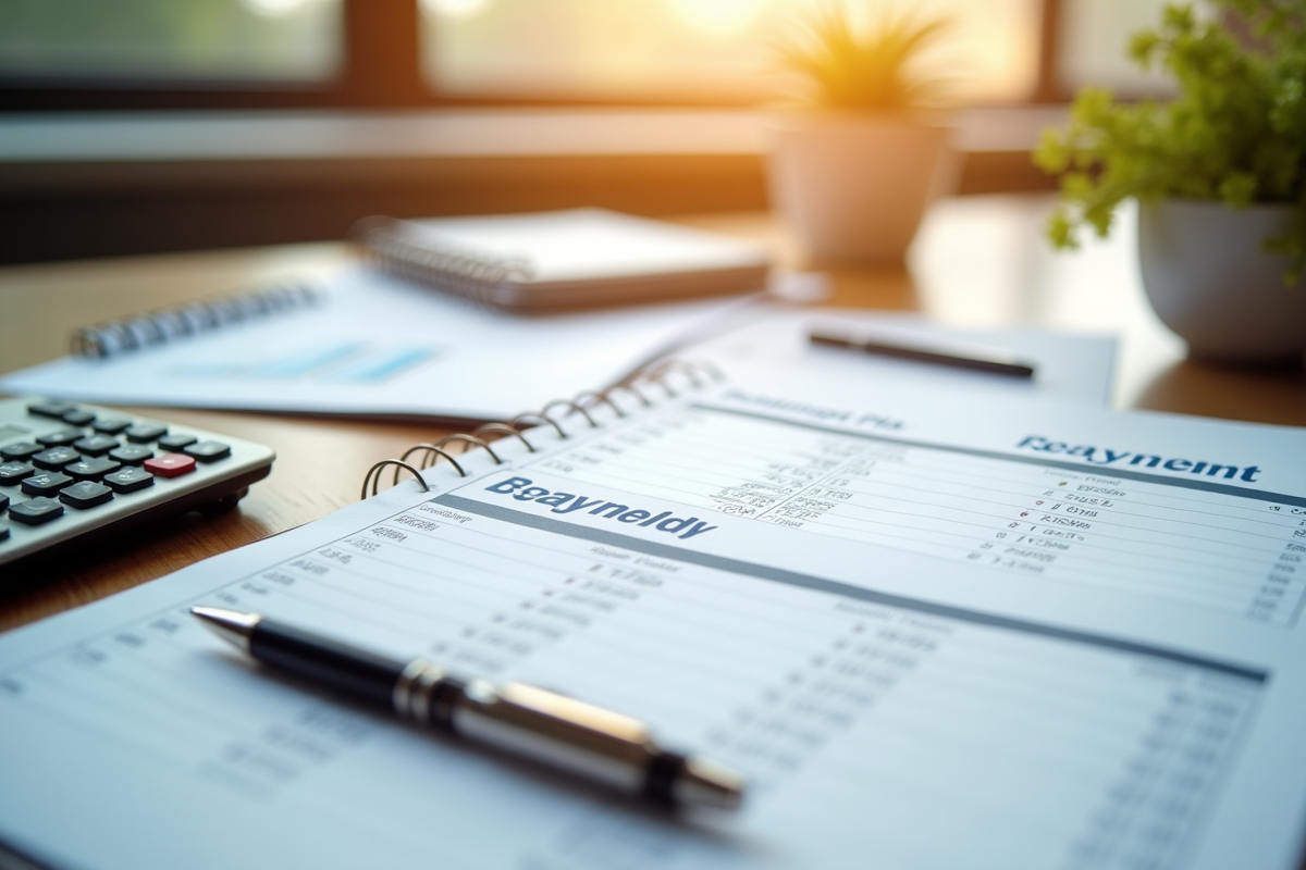 Agenda ouvert avec plan de remboursement et documents financiers sur un bureau lumineux