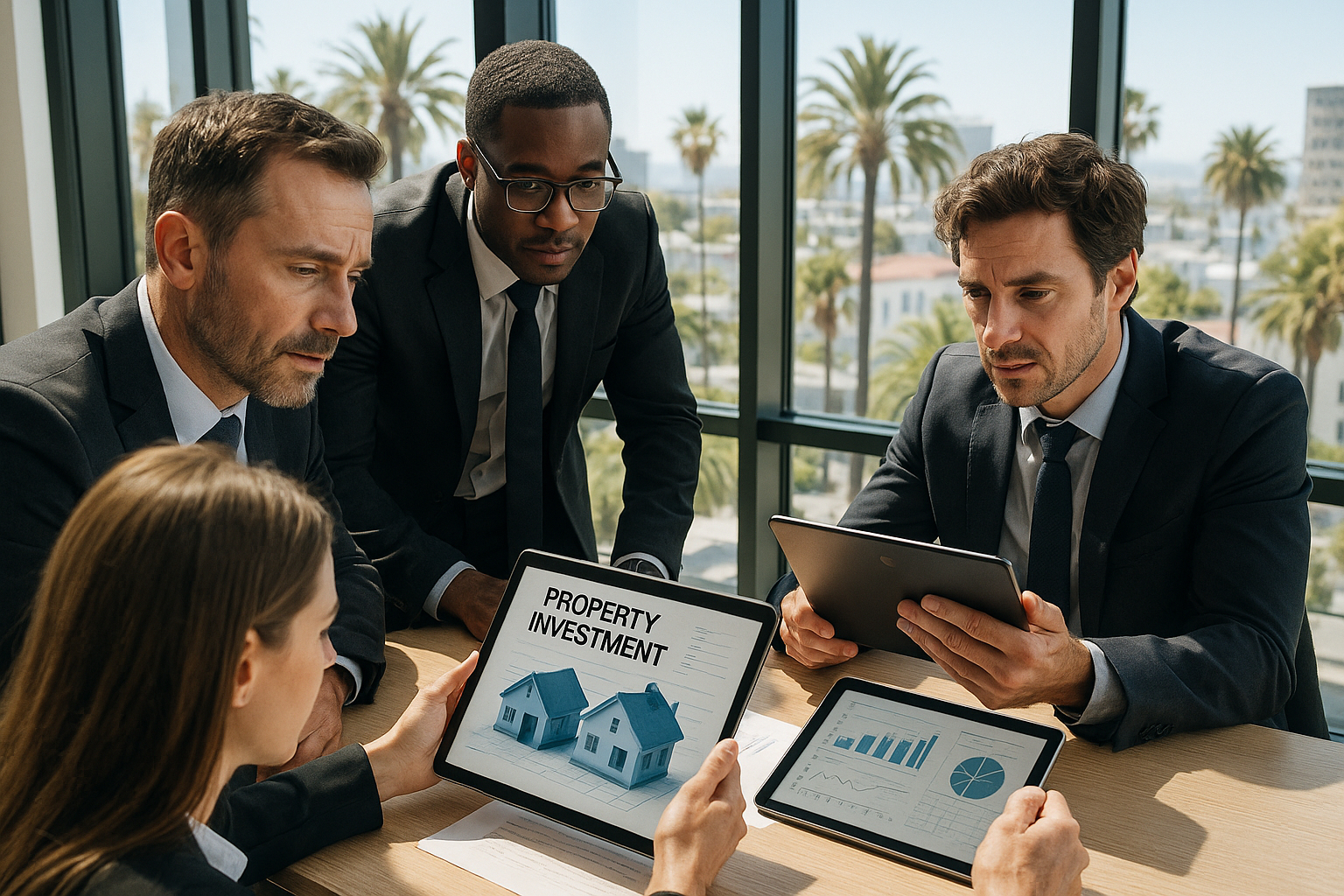 Groupe de professionnels analyse plans immobiliers dans un bureau lumineux