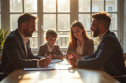 Famille française discutant avec agent immobilier dans un bureau lumineux