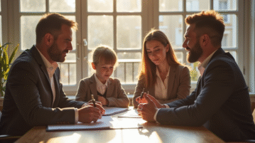 Famille française discutant avec agent immobilier dans un bureau lumineux