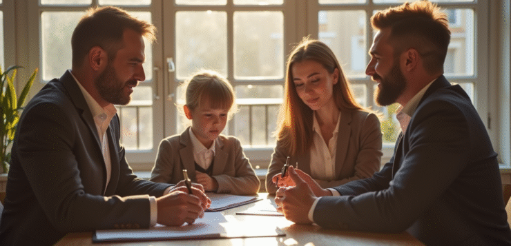 Famille française discutant avec agent immobilier dans un bureau lumineux