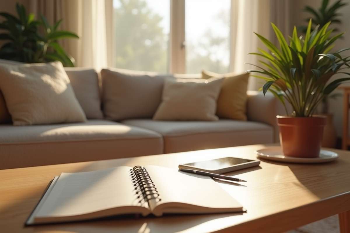 Salon ensoleille dans une location de vacances avec table et plantes