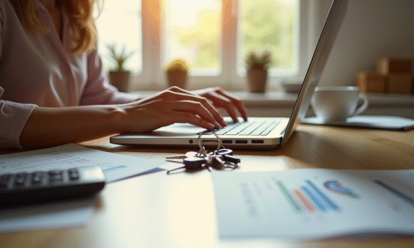 Personne travaillant sur un ordinateur portable dans une cuisine lumineuse
