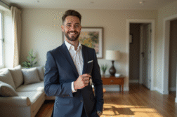 Agent immobilier souriant tenant des clés dans un salon lumineux