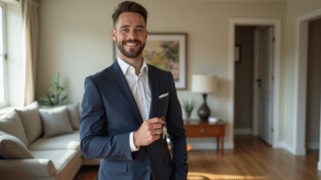 Agent immobilier souriant tenant des clés dans un salon lumineux
