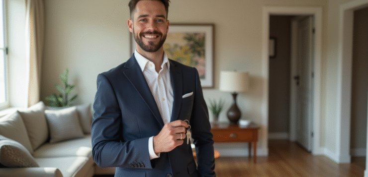 Agent immobilier souriant tenant des clés dans un salon lumineux