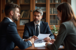 Avocat en costume avec couple examinant des papiers
