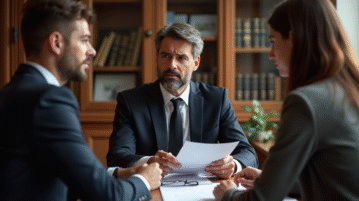 Avocat en costume avec couple examinant des papiers