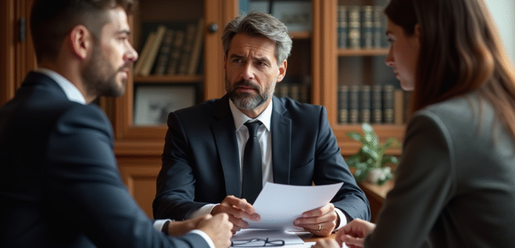 Avocat en costume avec couple examinant des papiers