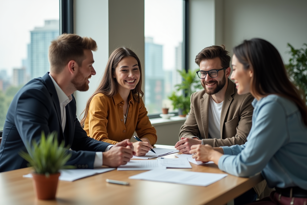 Jeune couple discutant avec agent immobilier dans bureau moderne