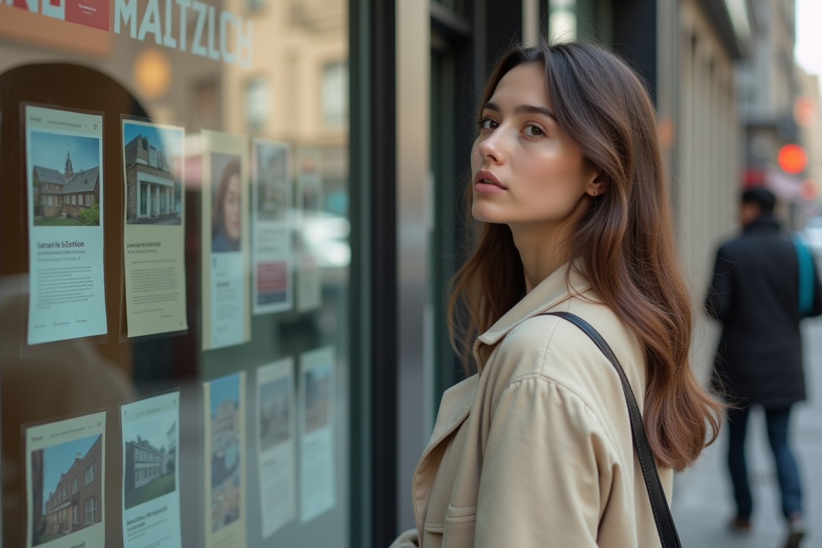 Jeune femme regardant des annonces immobilières en ville