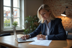 Femme en blazer regardant ses documents de location à Paris