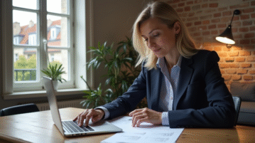 Femme en blazer regardant ses documents de location à Paris