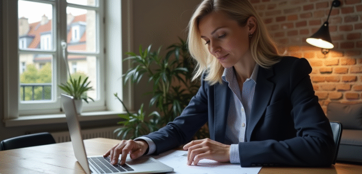 Femme en blazer regardant ses documents de location à Paris