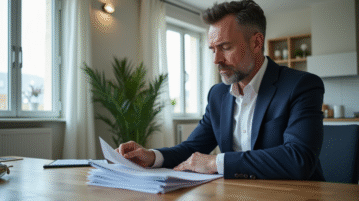 Homme d'âge moyen en costume bleu dans une cuisine moderne