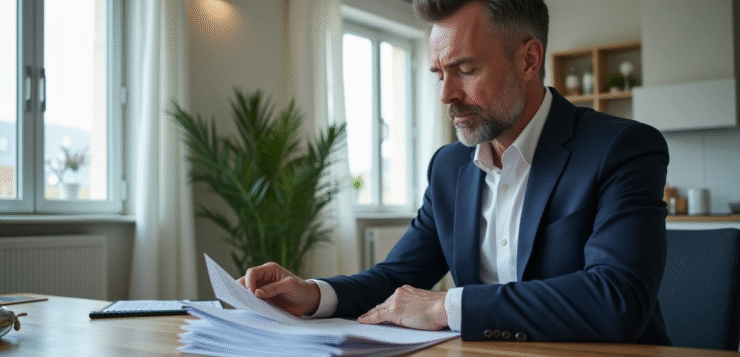 Homme d'âge moyen en costume bleu dans une cuisine moderne