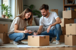Jeune couple organisant leurs cartons de déménagement dans un appartement moderne
