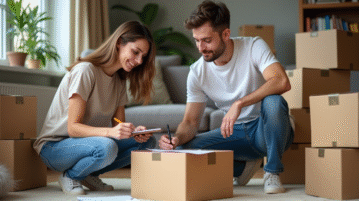 Jeune couple organisant leurs cartons de déménagement dans un appartement moderne