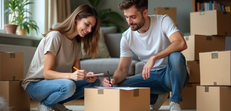 Jeune couple organisant leurs cartons de déménagement dans un appartement moderne