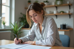 Jeune femme signant un contrat de location dans un appartement parisien
