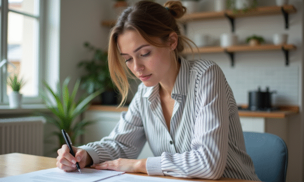 Jeune femme signant un contrat de location dans un appartement parisien