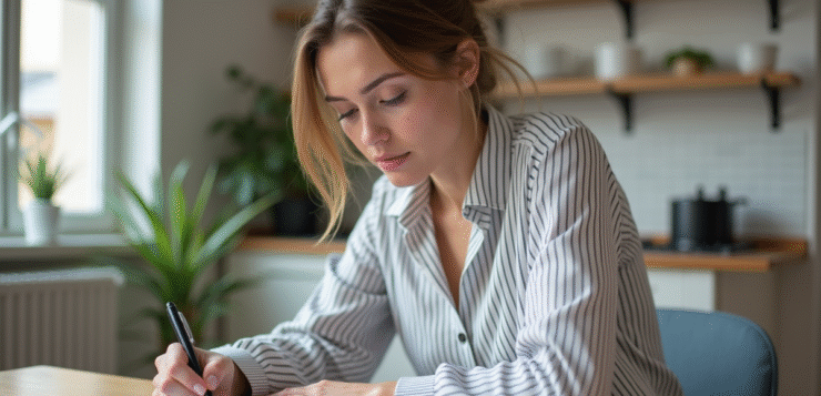 Jeune femme signant un contrat de location dans un appartement parisien