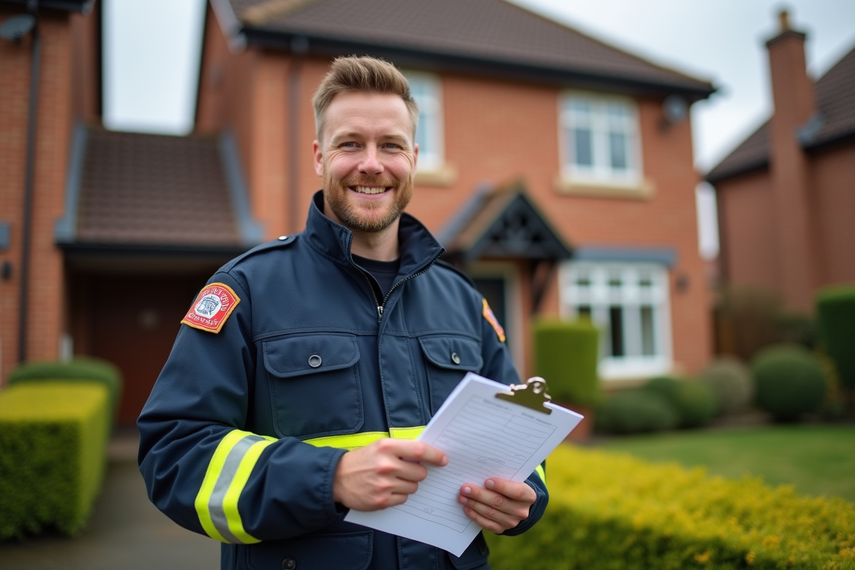 Jeune pompier tenant une checklist de sécurité incendie devant une maison