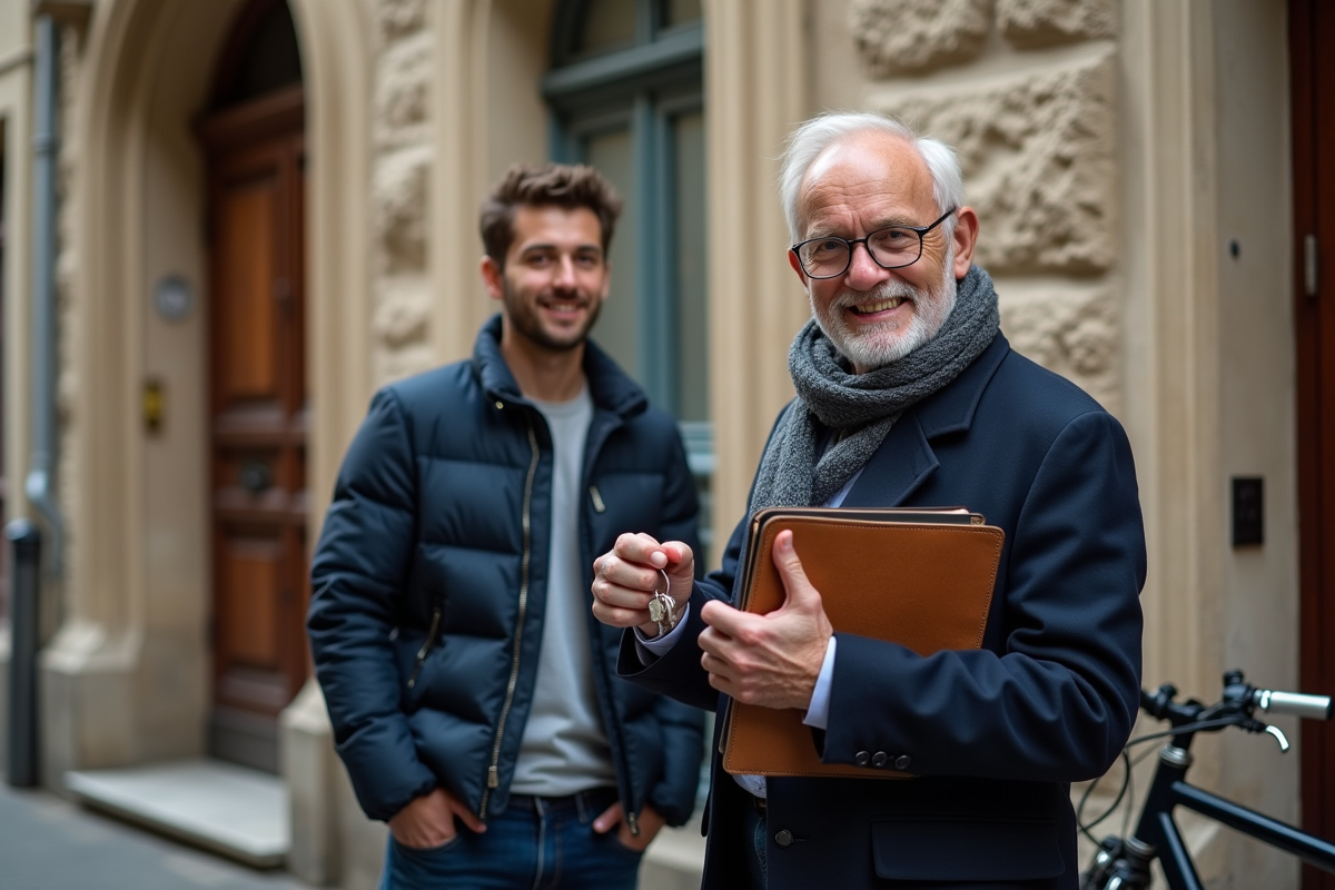 Locataire remettant des clés à un propriétaire dans une rue parisienne