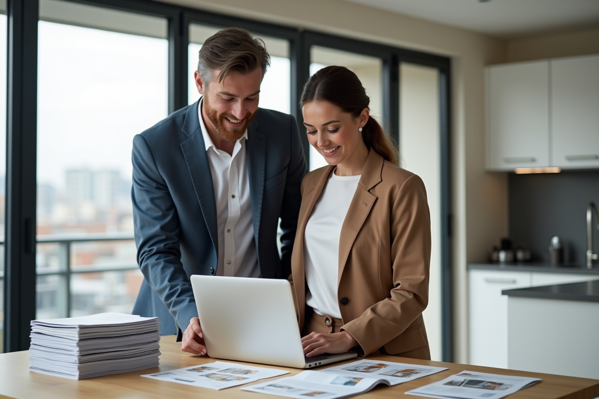 Couple discutant de projets immobiliers à la maison