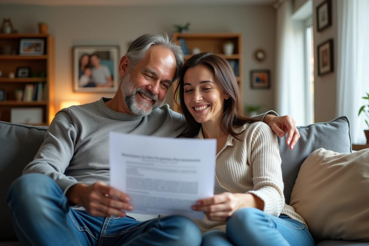 Couple examine un contrat de location dans le salon