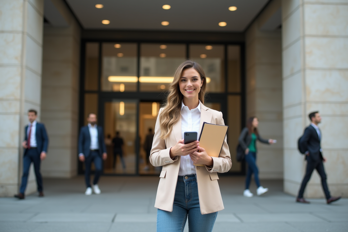 Femme souriante devant une banque en milieu urbain