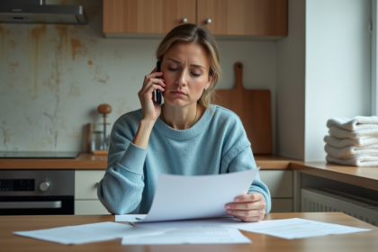 Femme en intérieur examine un contrat d'assurance dégâts d'eau