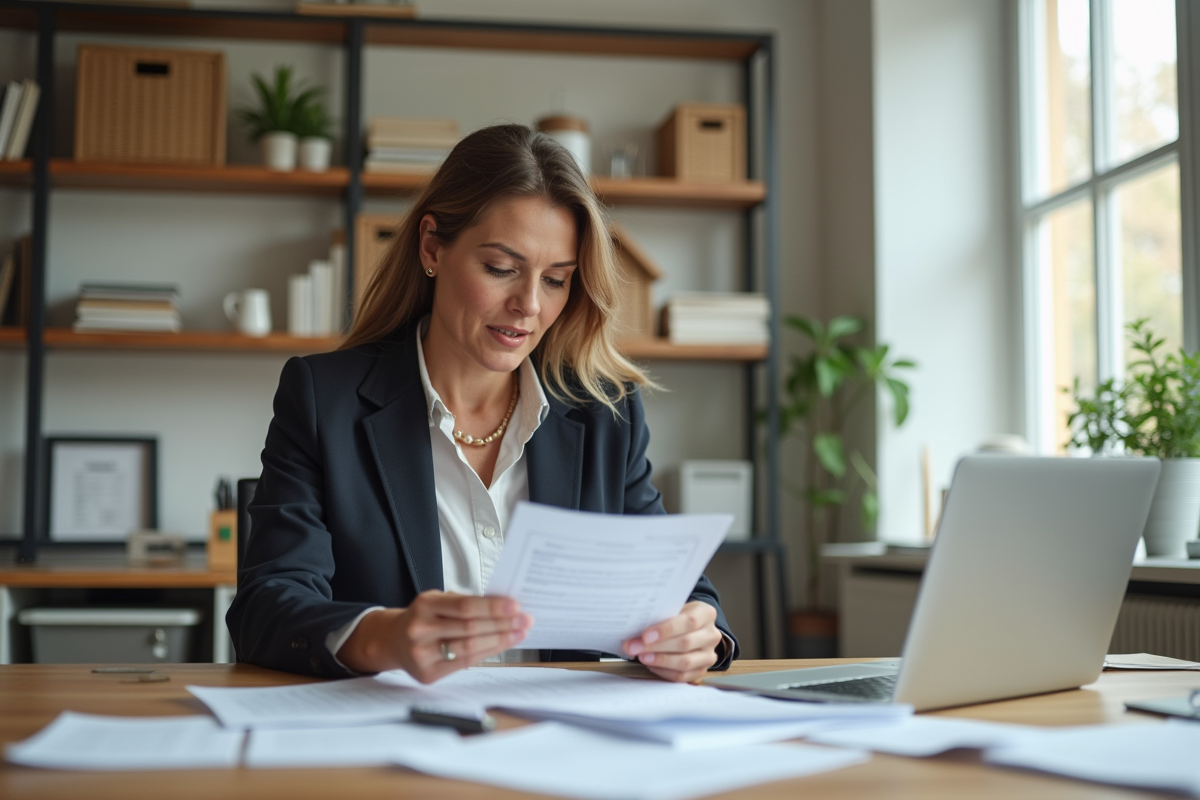 Femme analysant factures dans un bureau moderne