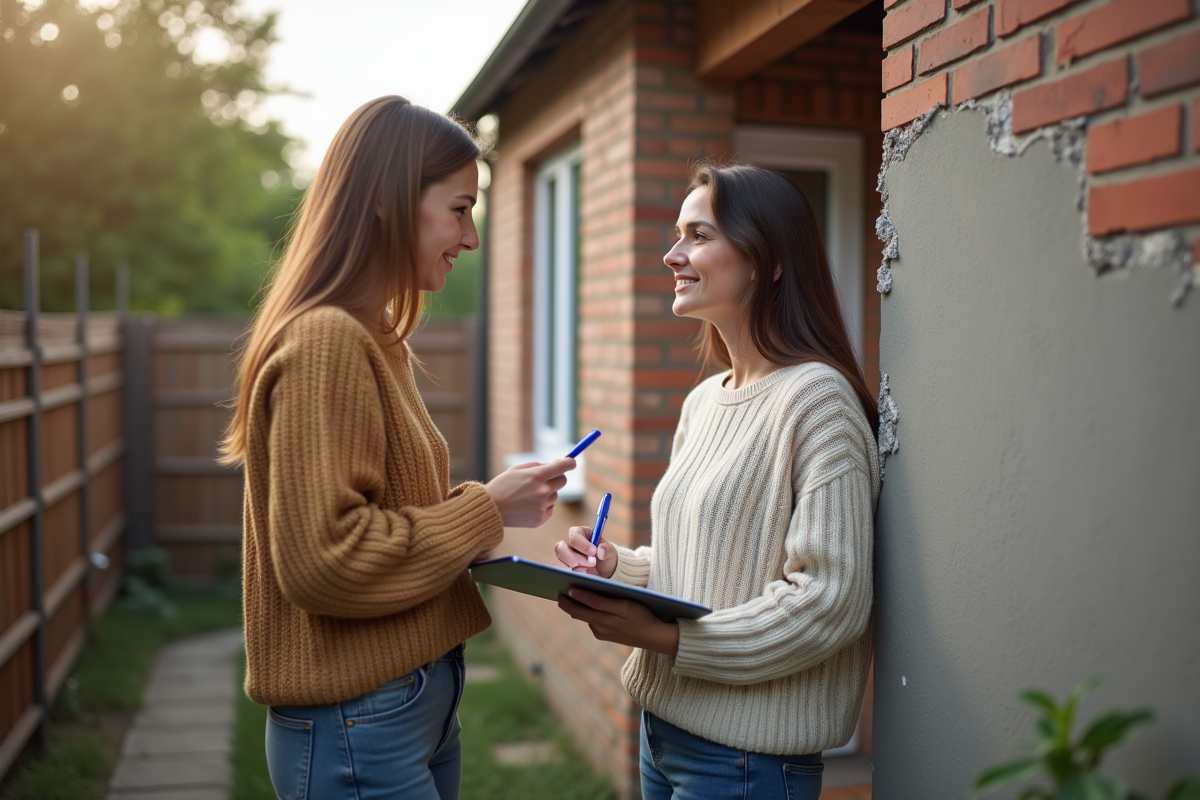 Jeune femme inspecte une maison rénovée avec un carnet et un stylo