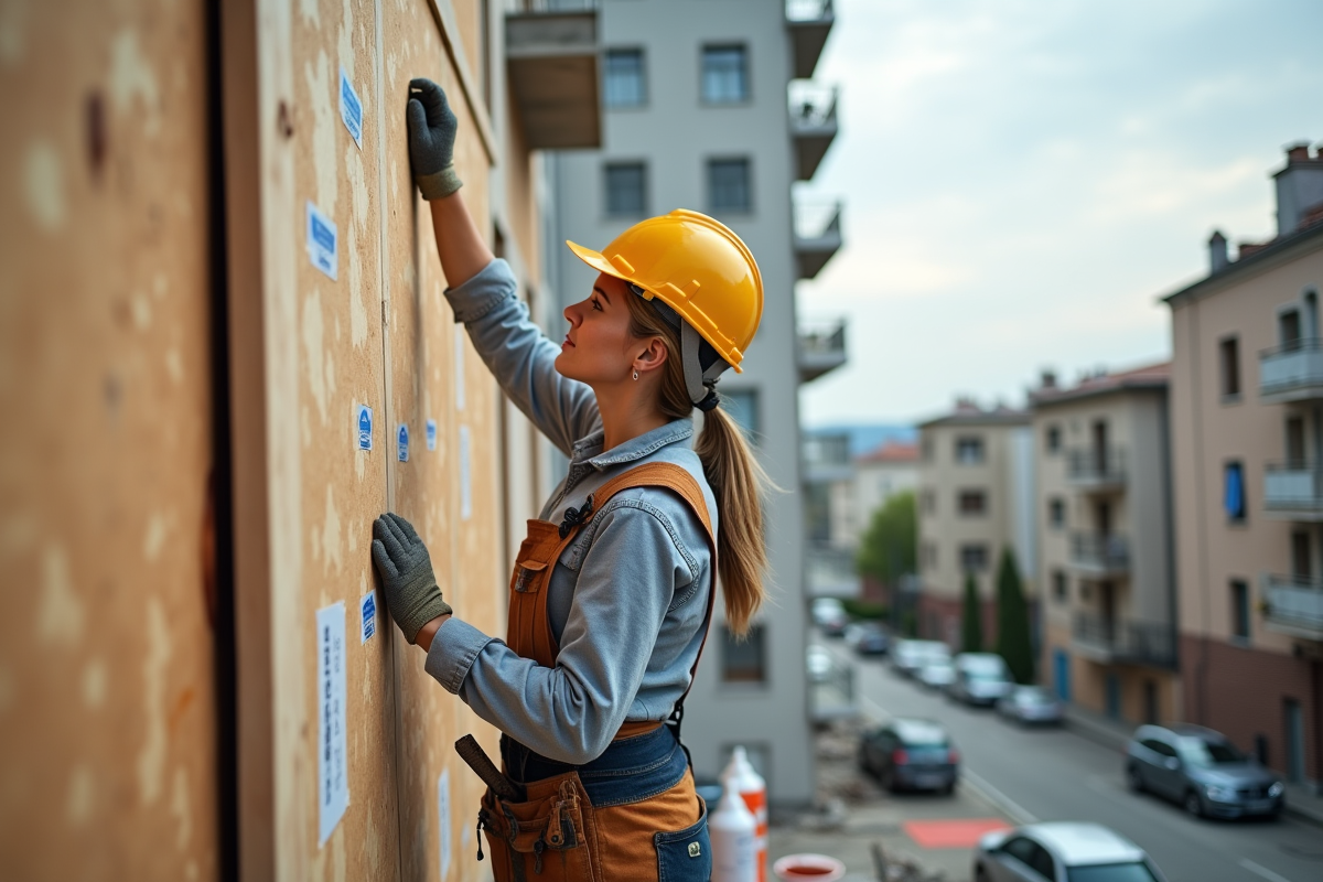 Femme ouvrière posant des panneaux d