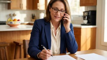 Femme d'âge moyen en blazer dans une cuisine moderne