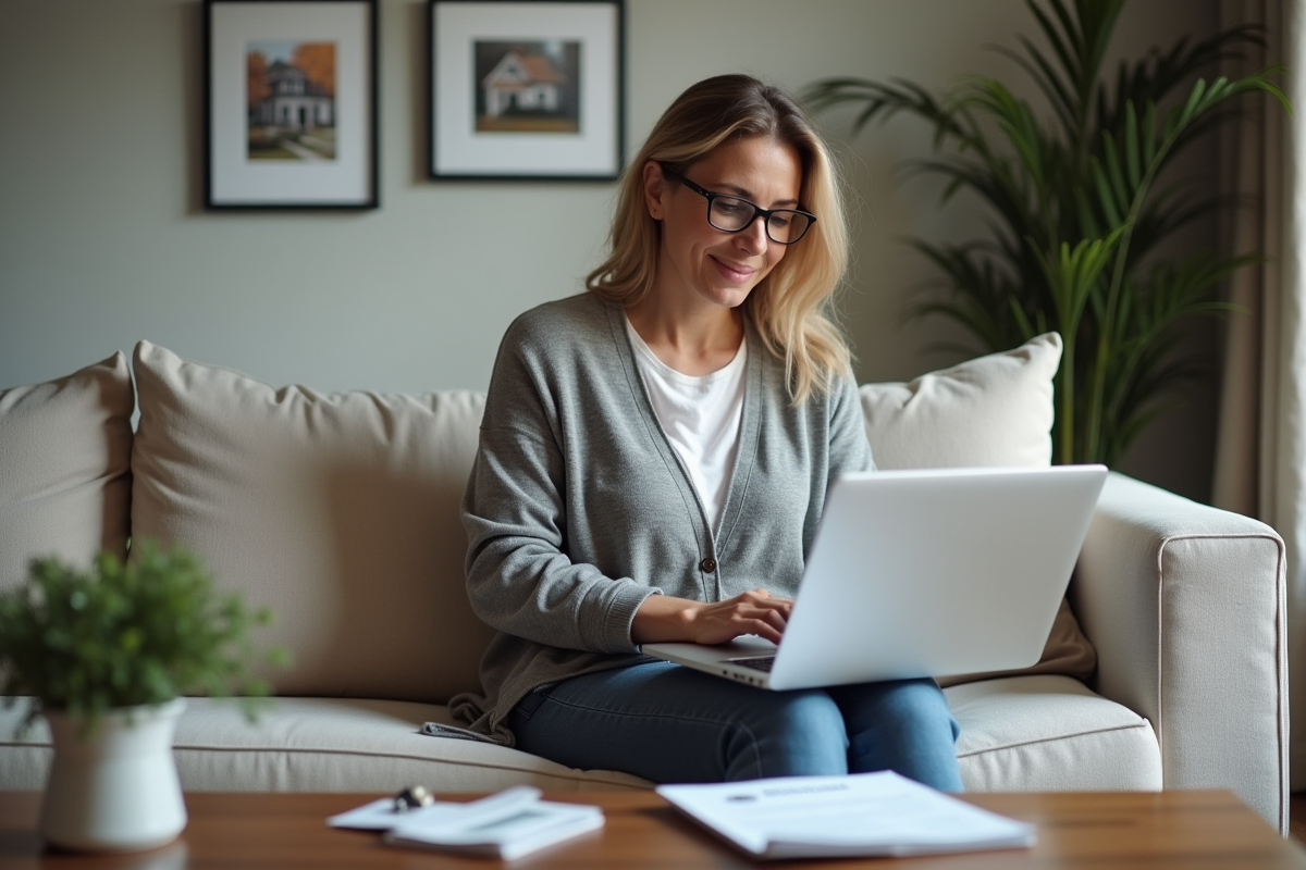 Femme en cardigan tape sur son ordinateur portable