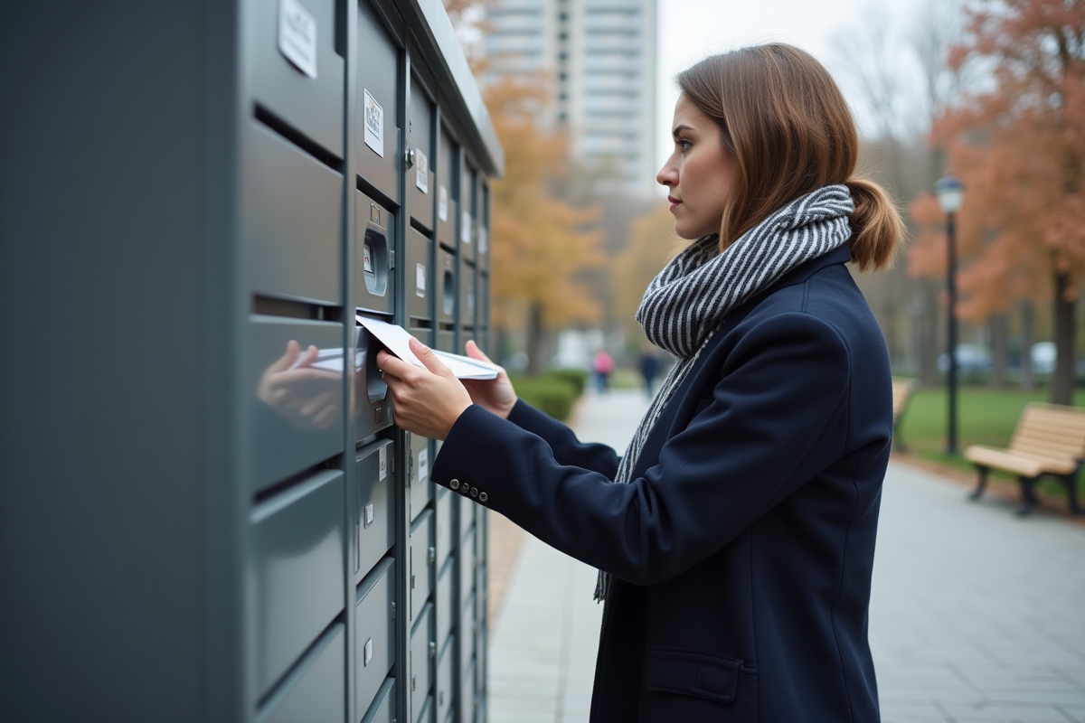Jeune femme récupérant du courrier dans un casier urbain