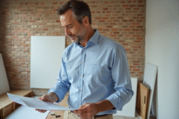 Homme d'âge moyen examinant plans dans un appartement rénové