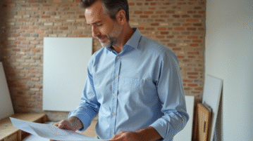 Homme d'âge moyen examinant plans dans un appartement rénové