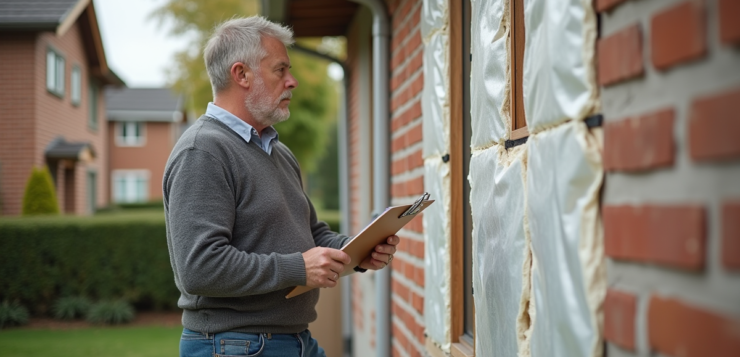 Homme regardant l'isolation de sa maison en banlieue